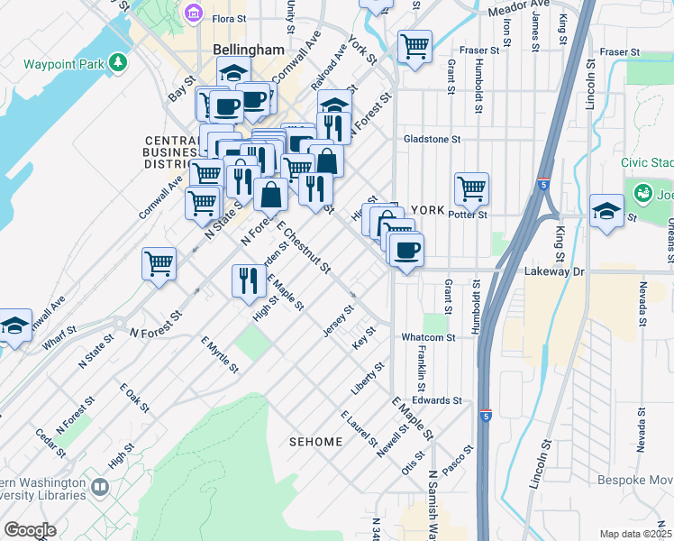 map of restaurants, bars, coffee shops, grocery stores, and more near 1206 High Street in Bellingham