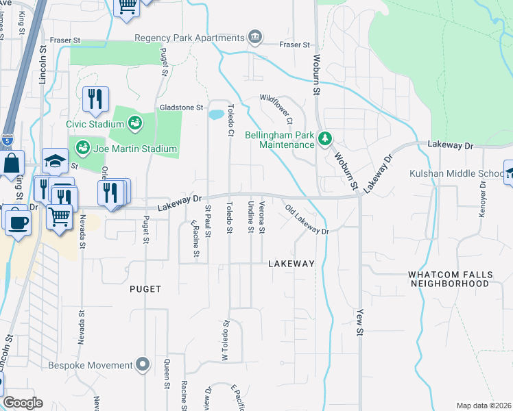 map of restaurants, bars, coffee shops, grocery stores, and more near in Bellingham