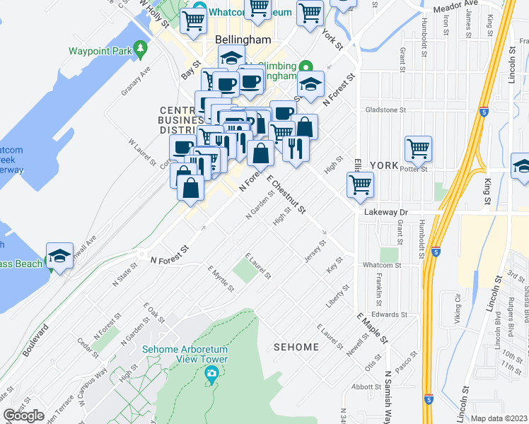map of restaurants, bars, coffee shops, grocery stores, and more near 413 East Maple Street in Bellingham