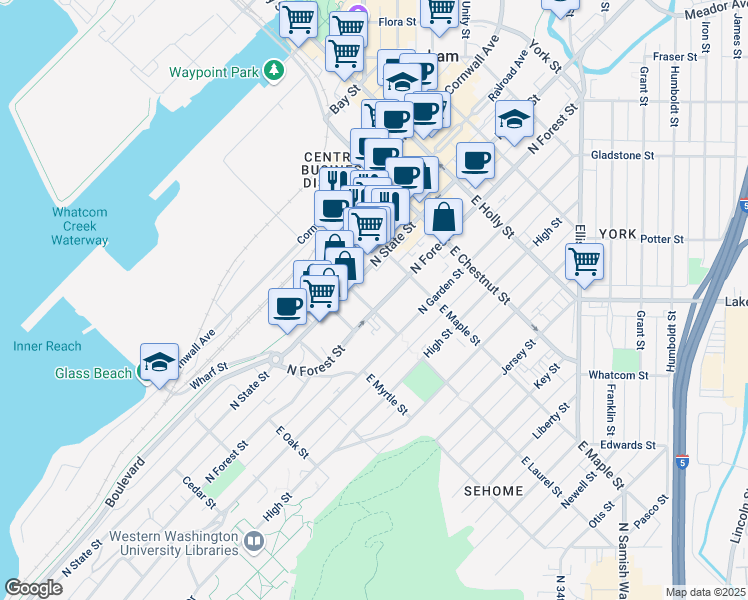 map of restaurants, bars, coffee shops, grocery stores, and more near 1020 North State Street in Bellingham