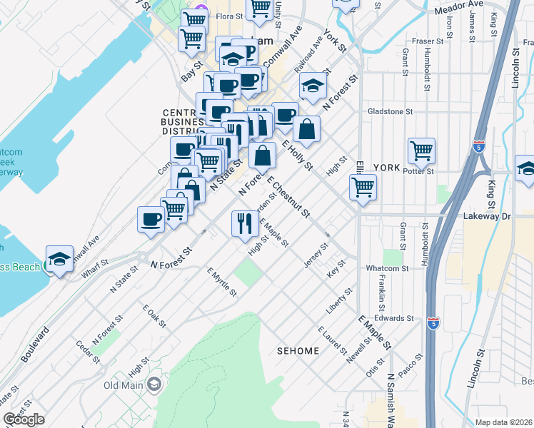 map of restaurants, bars, coffee shops, grocery stores, and more near 507 East Maple Street in Bellingham