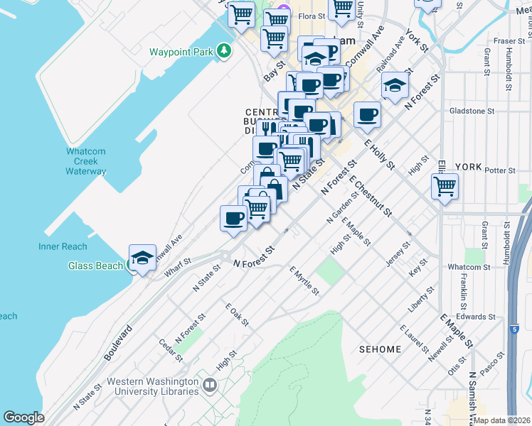 map of restaurants, bars, coffee shops, grocery stores, and more near 929 North State Street in Bellingham