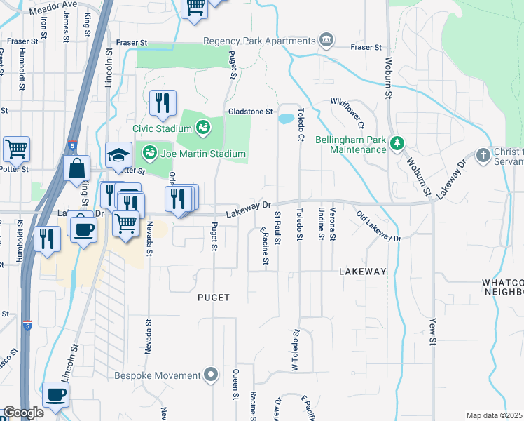 map of restaurants, bars, coffee shops, grocery stores, and more near 1301 Saint Paul Street in Bellingham