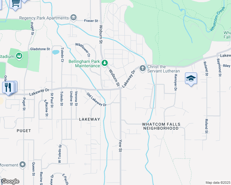 map of restaurants, bars, coffee shops, grocery stores, and more near 2423 Old Lakeway Drive in Bellingham