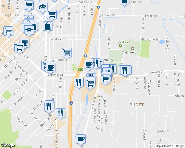 map of restaurants, bars, coffee shops, grocery stores, and more near 913 Lakeway Drive in Bellingham