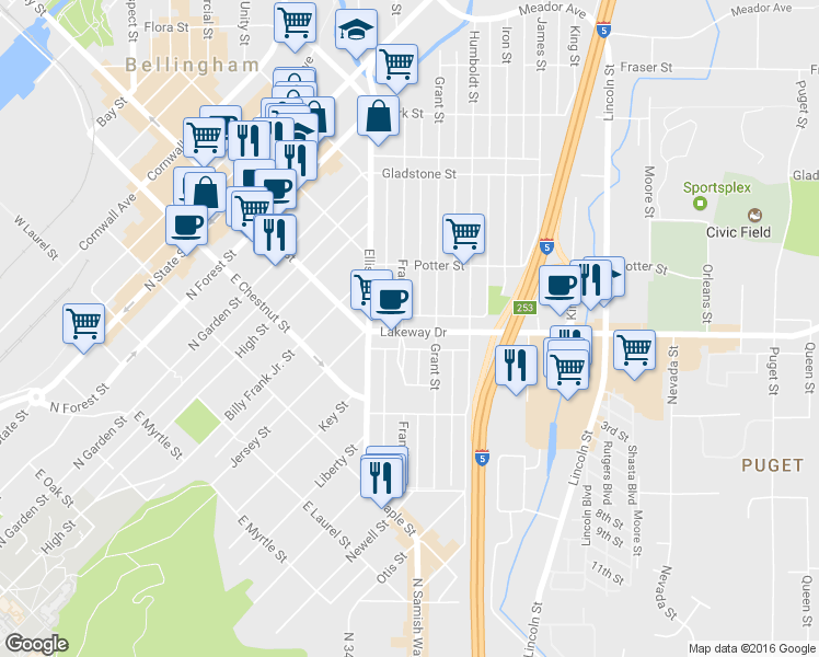 map of restaurants, bars, coffee shops, grocery stores, and more near 401 Lakeway Drive in Bellingham