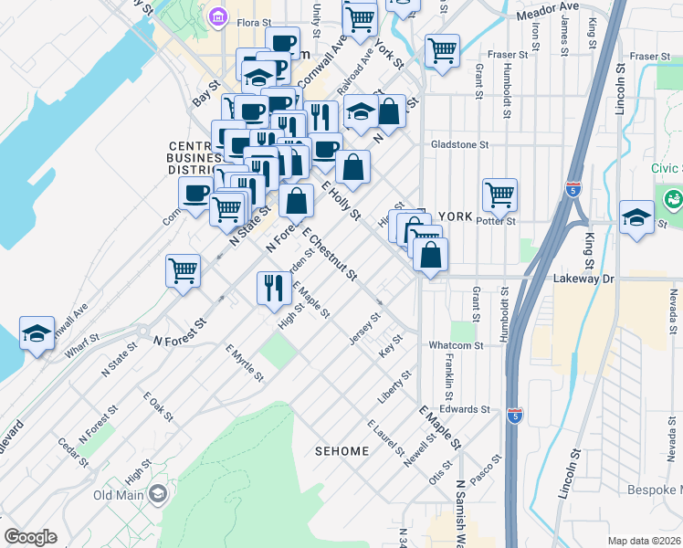 map of restaurants, bars, coffee shops, grocery stores, and more near 1206 High Street in Bellingham