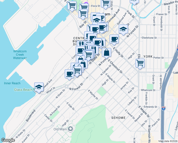 map of restaurants, bars, coffee shops, grocery stores, and more near 1020 North State Street in Bellingham
