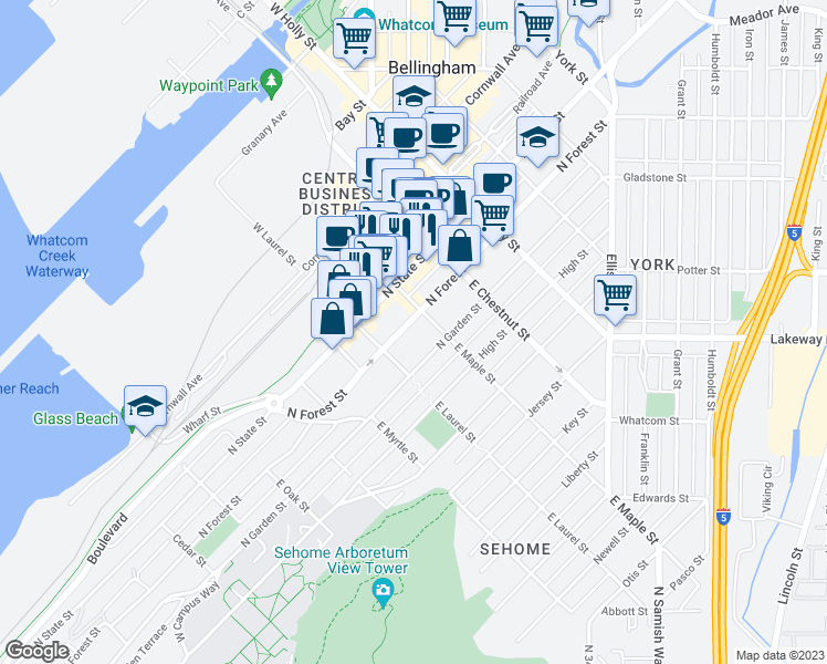 map of restaurants, bars, coffee shops, grocery stores, and more near 1020 North Forest Street in Bellingham