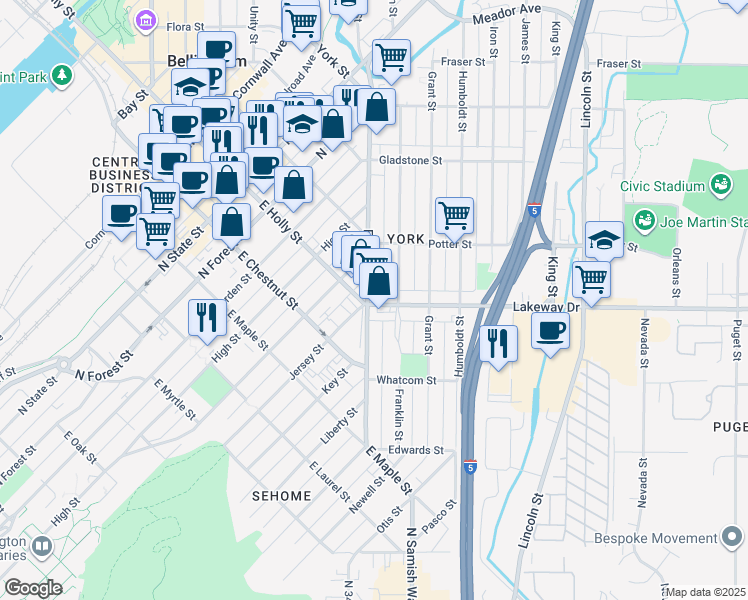map of restaurants, bars, coffee shops, grocery stores, and more near 711 Ellis Street in Bellingham
