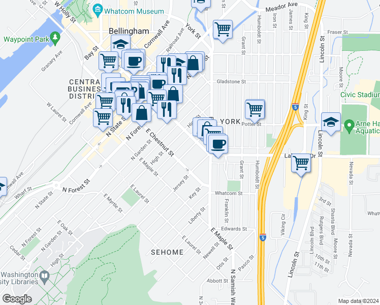 map of restaurants, bars, coffee shops, grocery stores, and more near 1214 Billy Frank Jr. Street in Bellingham