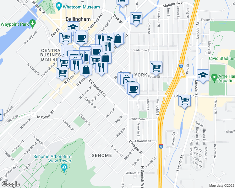 map of restaurants, bars, coffee shops, grocery stores, and more near 1218 Billy Frank Jr. Street in Bellingham