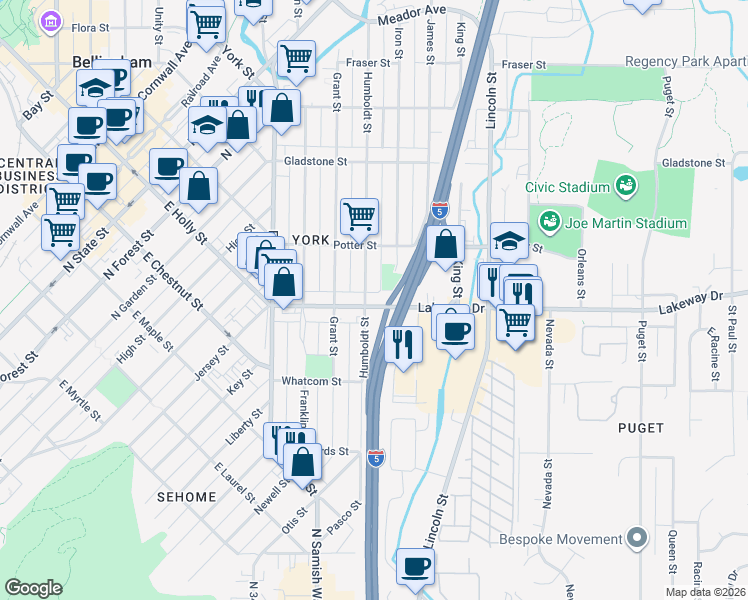 map of restaurants, bars, coffee shops, grocery stores, and more near 1300 Humboldt Street in Bellingham