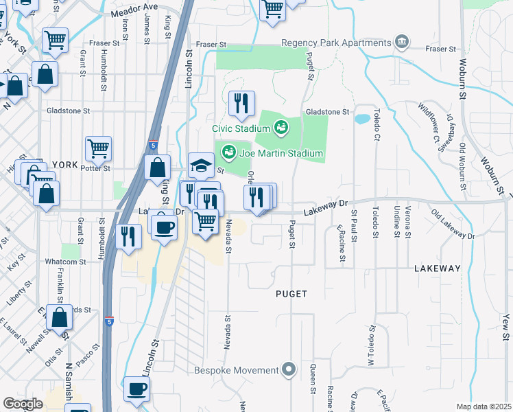 map of restaurants, bars, coffee shops, grocery stores, and more near 1305 Lakeway Drive in Bellingham