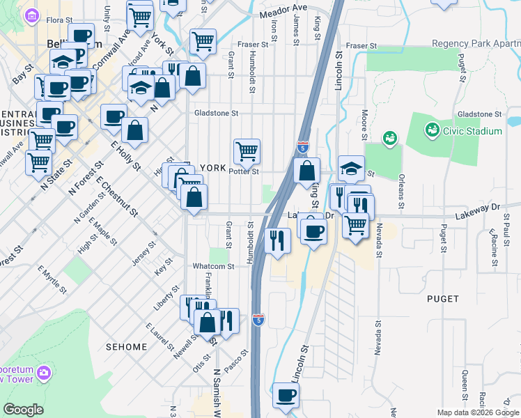 map of restaurants, bars, coffee shops, grocery stores, and more near 1310 Humboldt Street in Bellingham