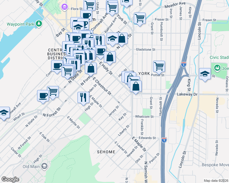 map of restaurants, bars, coffee shops, grocery stores, and more near 1206 High Street in Bellingham