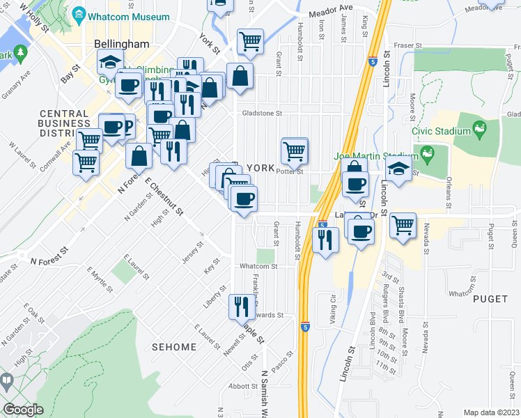 map of restaurants, bars, coffee shops, grocery stores, and more near 401 Lakeway Drive in Bellingham