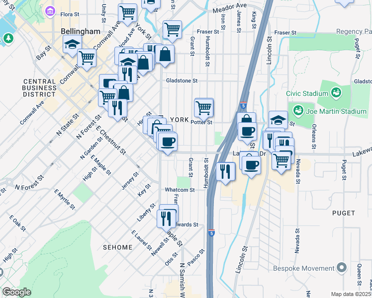 map of restaurants, bars, coffee shops, grocery stores, and more near 1310 Grant Street in Bellingham