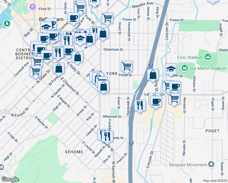 map of restaurants, bars, coffee shops, grocery stores, and more near 1311 Franklin Street in Bellingham