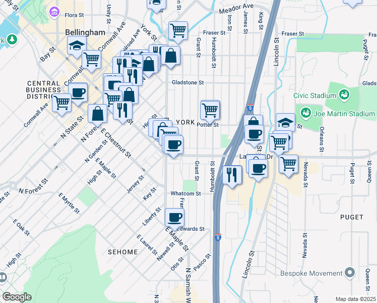 map of restaurants, bars, coffee shops, grocery stores, and more near 1311 Franklin Street in Bellingham