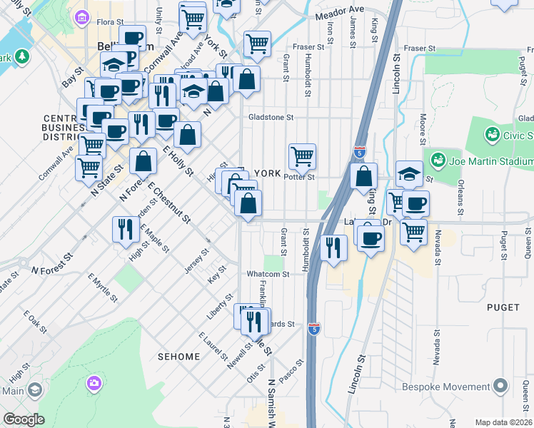 map of restaurants, bars, coffee shops, grocery stores, and more near 401 Lakeway Drive in Bellingham