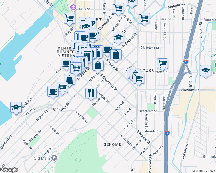 map of restaurants, bars, coffee shops, grocery stores, and more near 1124 North Garden Street in Bellingham