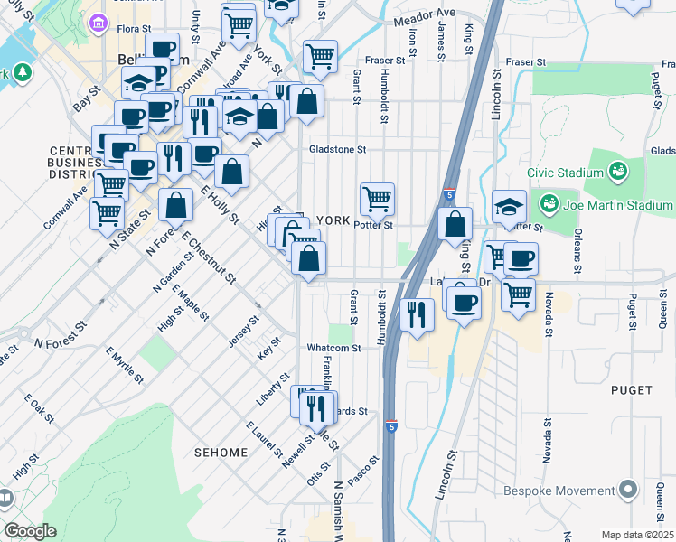 map of restaurants, bars, coffee shops, grocery stores, and more near 1311 Franklin Street in Bellingham