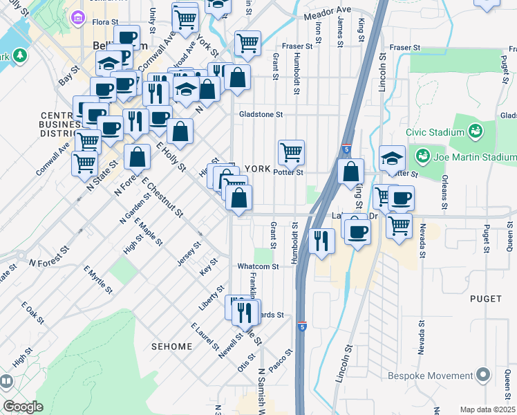 map of restaurants, bars, coffee shops, grocery stores, and more near 1311 Franklin Street in Bellingham