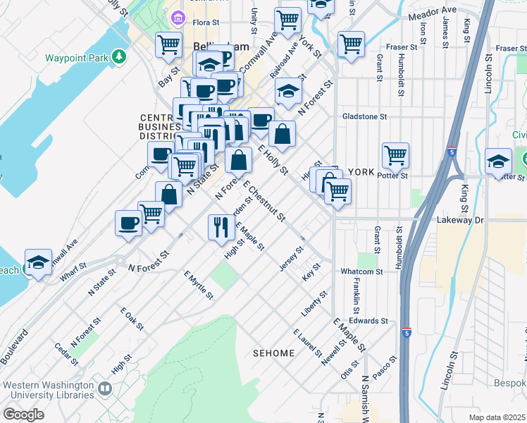 map of restaurants, bars, coffee shops, grocery stores, and more near 1124 North Garden Street in Bellingham