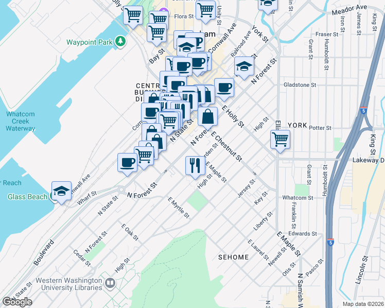map of restaurants, bars, coffee shops, grocery stores, and more near 1021 North Forest Street in Bellingham