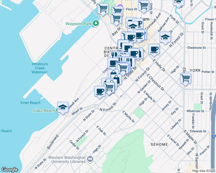 map of restaurants, bars, coffee shops, grocery stores, and more near 210 East Laurel Street in Bellingham
