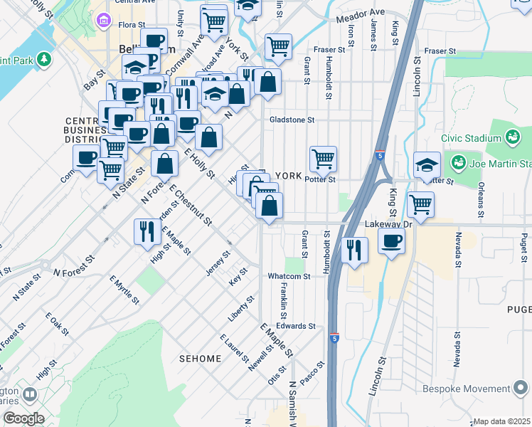map of restaurants, bars, coffee shops, grocery stores, and more near 711 Ellis Street in Bellingham
