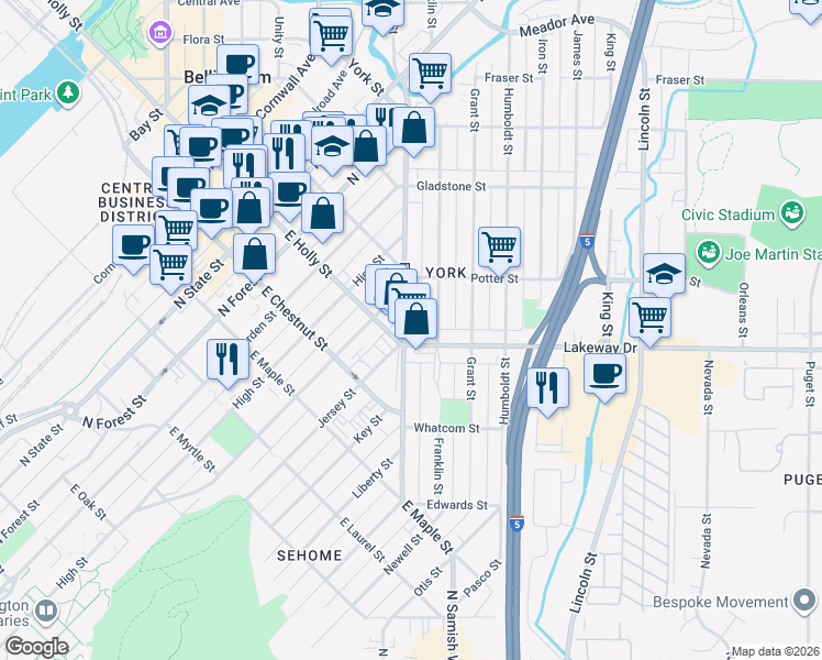 map of restaurants, bars, coffee shops, grocery stores, and more near 711 Ellis Street in Bellingham