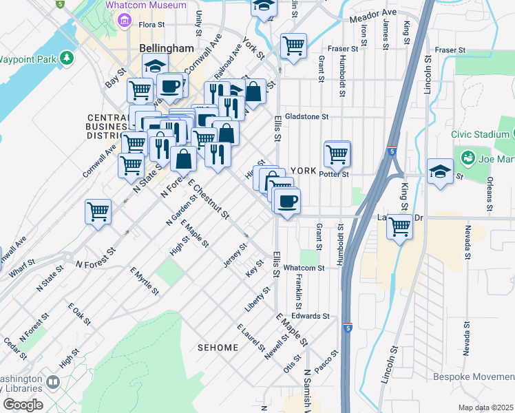 map of restaurants, bars, coffee shops, grocery stores, and more near 1225 Billy Frank Jr. Street in Bellingham