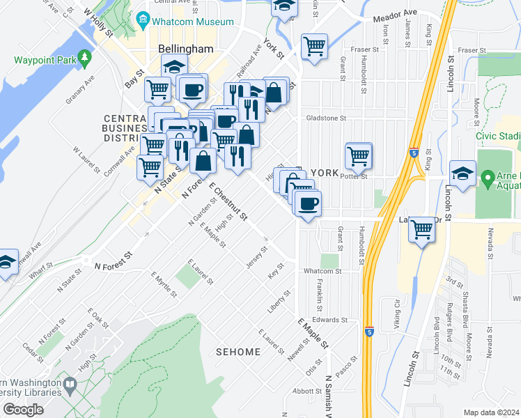 map of restaurants, bars, coffee shops, grocery stores, and more near 1225 Billy Frank Jr. Street in Bellingham
