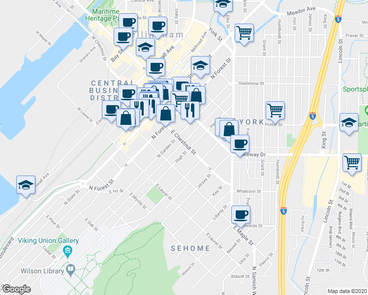 map of restaurants, bars, coffee shops, grocery stores, and more near 1124 North Garden Street in Bellingham
