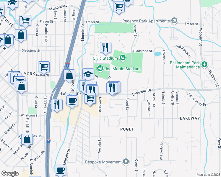 map of restaurants, bars, coffee shops, grocery stores, and more near 1322 Orleans Street in Bellingham