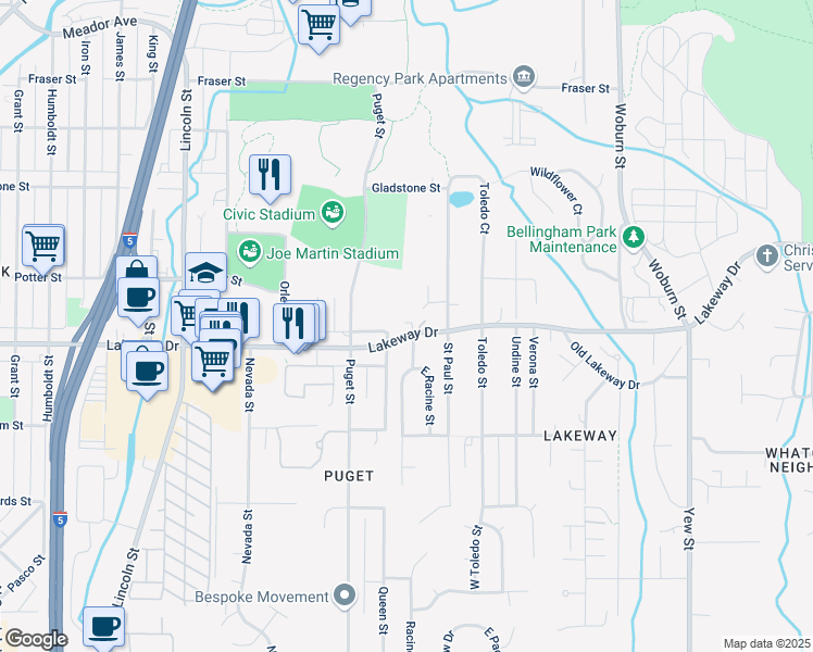 map of restaurants, bars, coffee shops, grocery stores, and more near 1611 Lakeway Drive in Bellingham