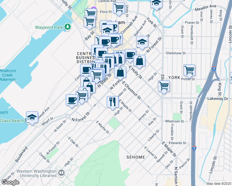 map of restaurants, bars, coffee shops, grocery stores, and more near 413 East Maple Street in Bellingham