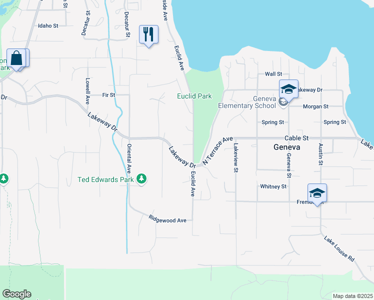 map of restaurants, bars, coffee shops, grocery stores, and more near 1323 Euclid Ave in Bellingham
