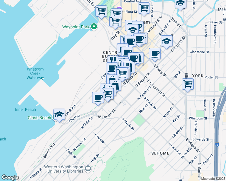 map of restaurants, bars, coffee shops, grocery stores, and more near 210 East Laurel Street in Bellingham