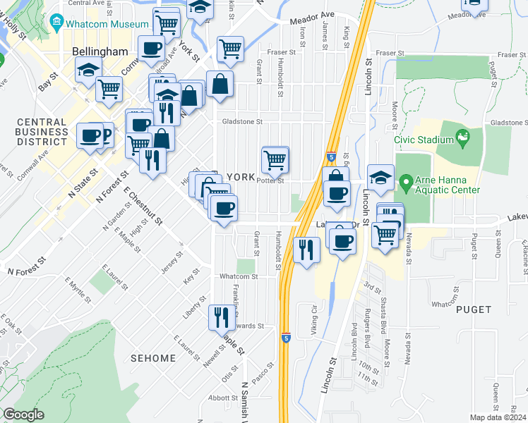 map of restaurants, bars, coffee shops, grocery stores, and more near 1310 Grant Street in Bellingham