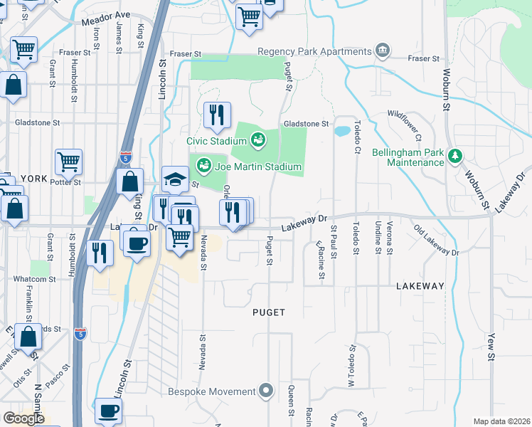 map of restaurants, bars, coffee shops, grocery stores, and more near 1315 Puget Street in Bellingham