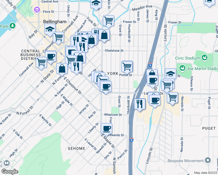 map of restaurants, bars, coffee shops, grocery stores, and more near 1311 Franklin Street in Bellingham