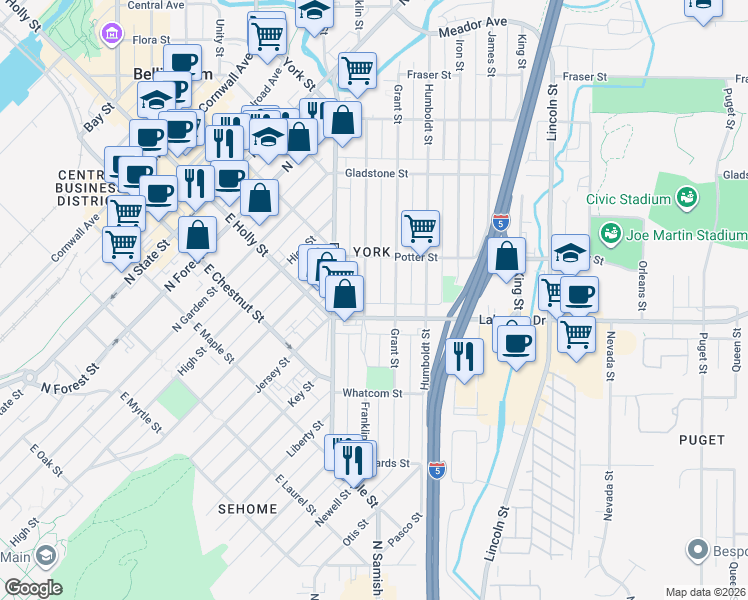 map of restaurants, bars, coffee shops, grocery stores, and more near 1311 Franklin Street in Bellingham