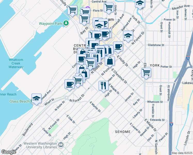 map of restaurants, bars, coffee shops, grocery stores, and more near 1021 North Forest Street in Bellingham