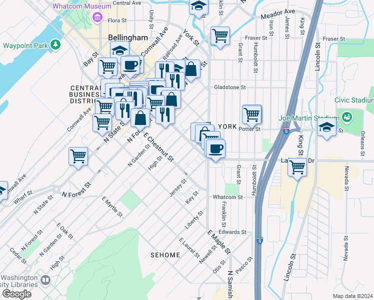 map of restaurants, bars, coffee shops, grocery stores, and more near 1225 Billy Frank Jr. Street in Bellingham
