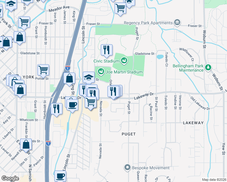 map of restaurants, bars, coffee shops, grocery stores, and more near 1312 Orleans Street in Bellingham