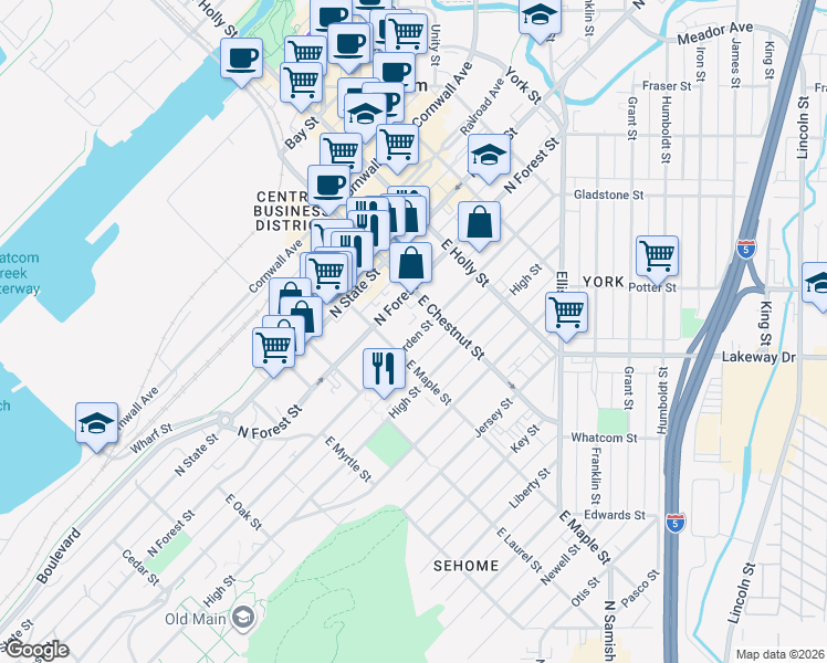 map of restaurants, bars, coffee shops, grocery stores, and more near 413 East Maple Street in Bellingham
