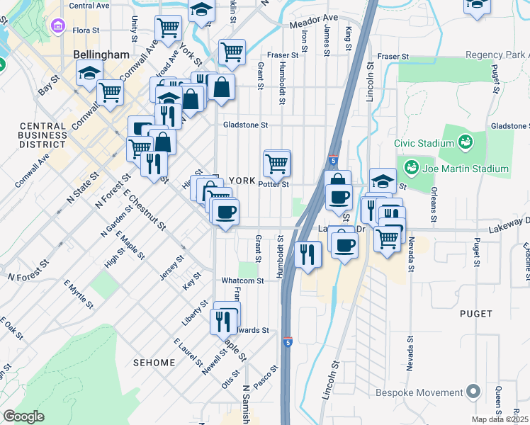 map of restaurants, bars, coffee shops, grocery stores, and more near 1314 Grant Street in Bellingham